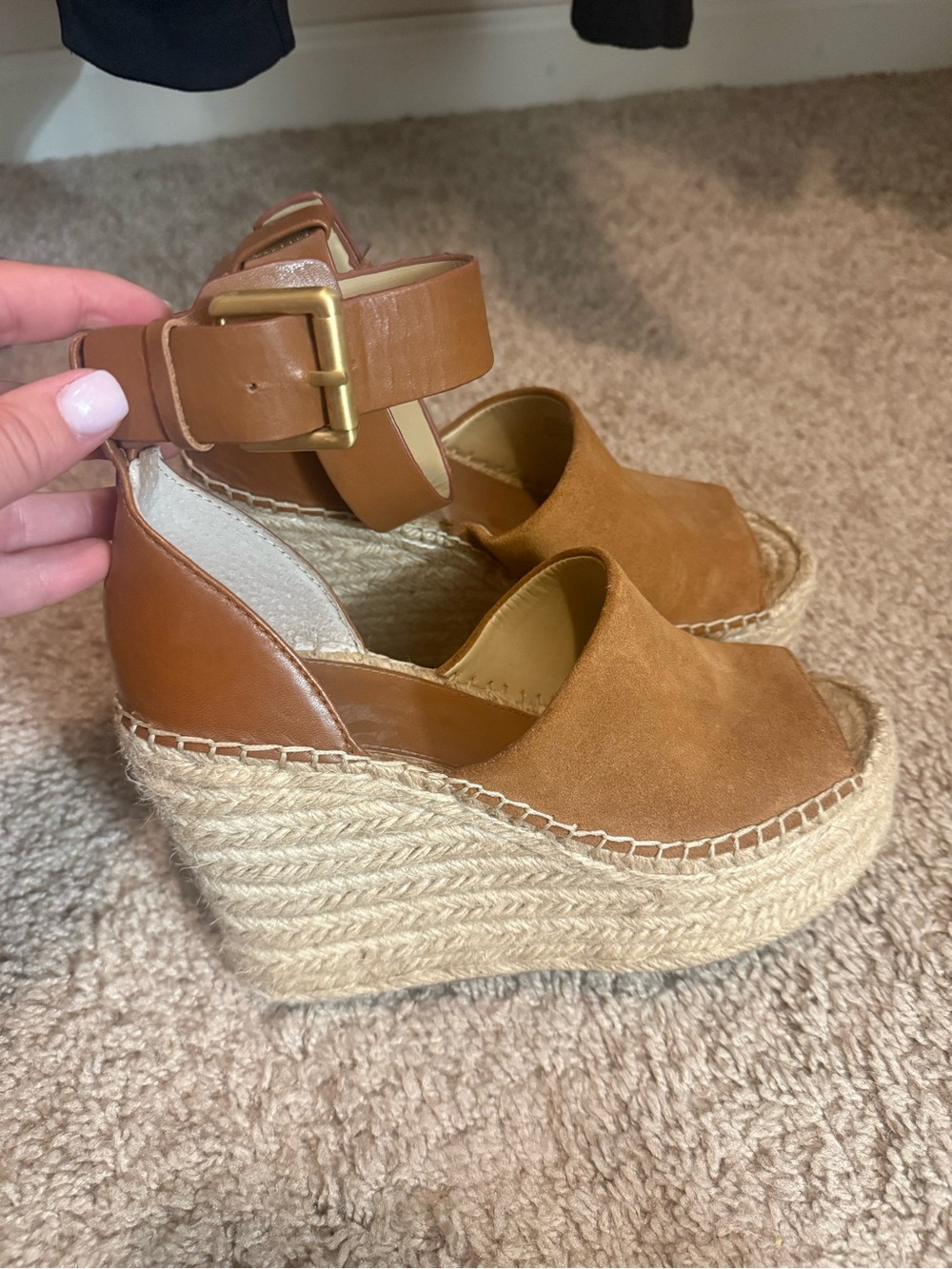 Marc Fisher Womens Tan Espadrille Wedge Sandals with Ankle Strap